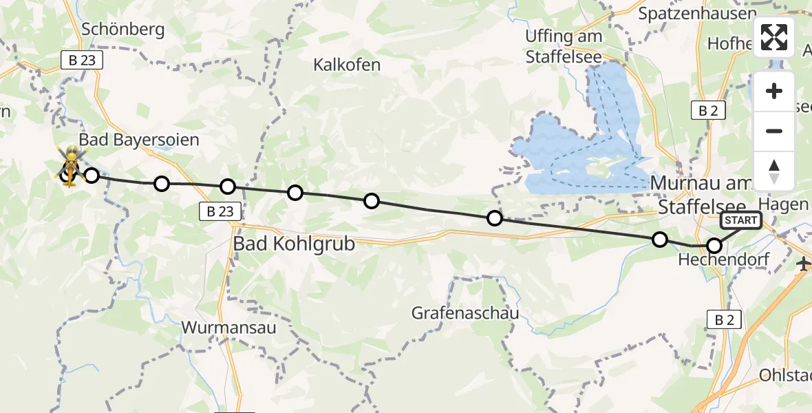 Flugroute Rettungshubschrauber Murnau Accident Hospital Heliport - Wildsteig, 04 März 2026, 12:57