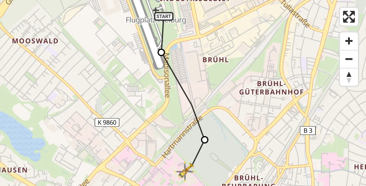 Flugroute Rettungshubschrauber Freiburg im Breisgau Airfield - Freiburg University Hospital Heliport 1, 04 März 2026, 13:02