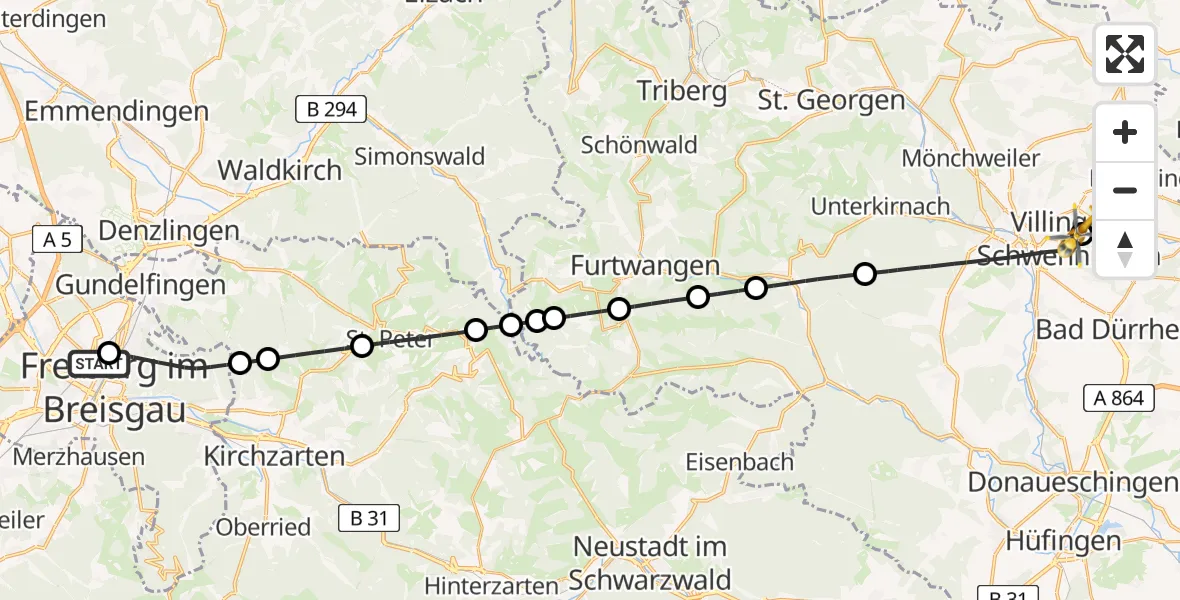 Routekaart van de vlucht: Rettungshubschrauber nach DRF Air Rescue Station Villingen-Schwenningen Heliport (Christoph 11)