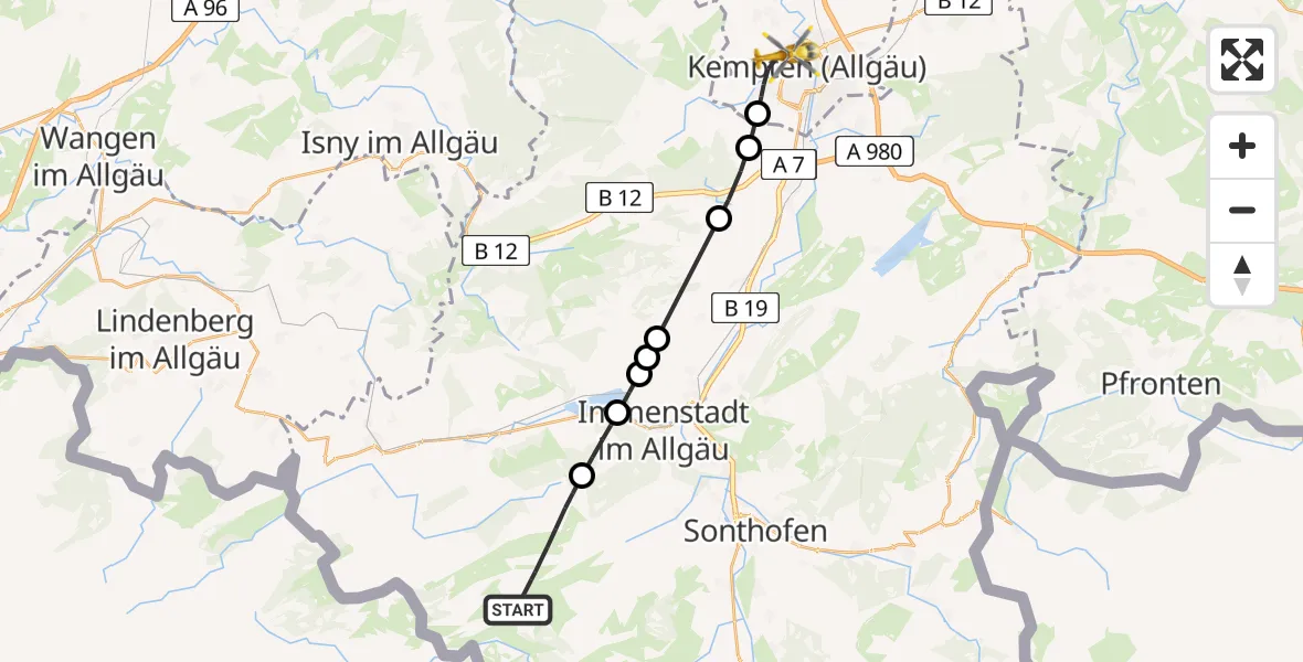 Routekaart van de vlucht: Rettungshubschrauber nach Kempten (Allgäu), Bischof-Freundorfer-Weg