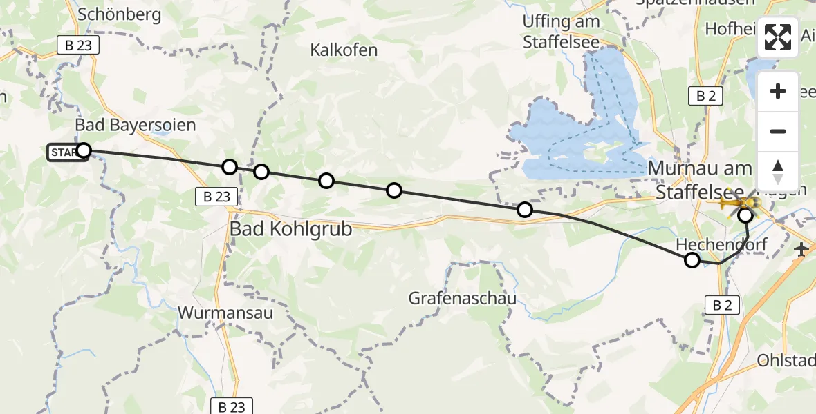 Routekaart van de vlucht: Rettungshubschrauber nach Murnau Accident Hospital Heliport