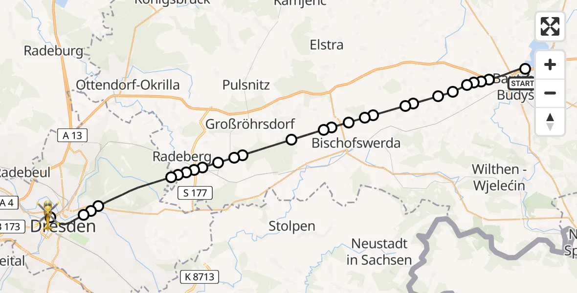 Flugroute Rettungshubschrauber Bautzen - Dresden Friedrichstadt Hospital Heliport, 04 März 2026, 13:30
