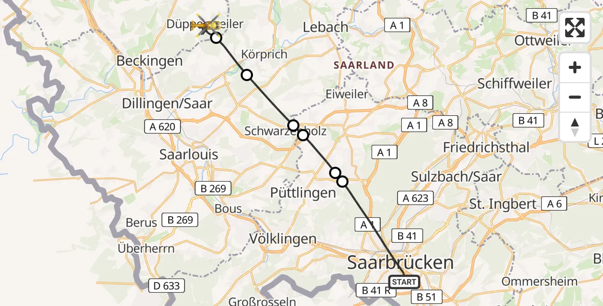 Flugroute Rettungshubschrauber Saarbrücken - Beckingen, 04 März 2026, 13:37