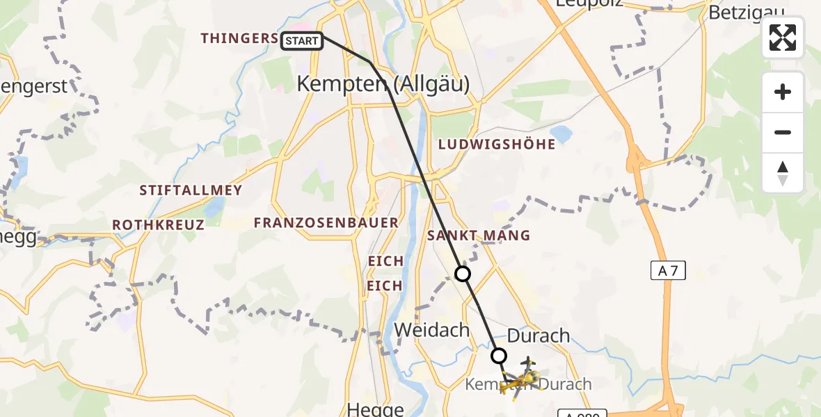 Flugroute Rettungshubschrauber Kempten (Allgäu) - Kempten-Durach Airfield, 04 März 2026, 13:46