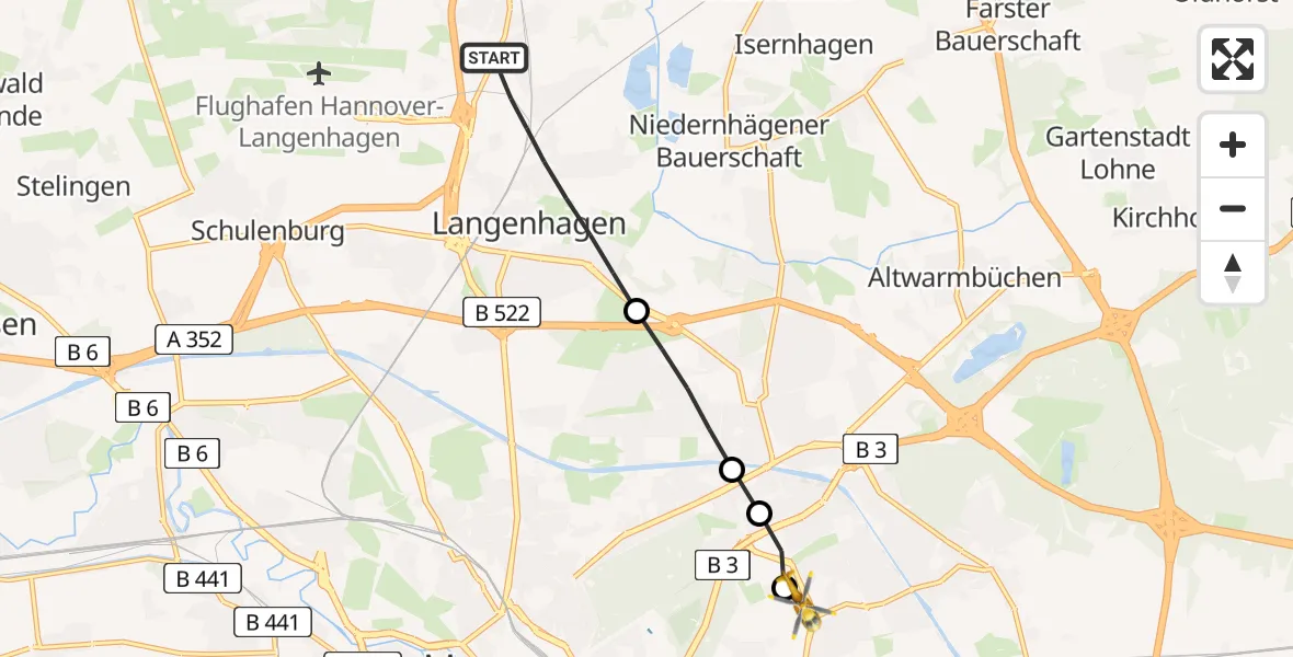Flugroute Rettungshubschrauber Langenhagen - Hannover Air Rescue Heliport (Christoph 4), 04 März 2026, 13:50