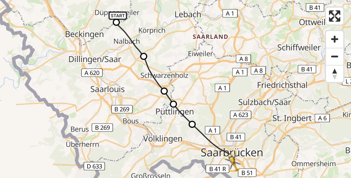 Routekaart van de vlucht: Rettungshubschrauber nach Saarbrücken, Winterberg
