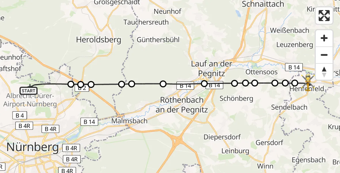Flugroute Rettungshubschrauber Nuremberg Airport - Henfenfeld, 04 März 2026, 14:17