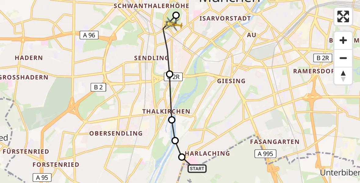 Flugroute Rettungshubschrauber ADAC Air Rescue Center Heliport (Christoph 1) - Ludwigsvorstadt-Isarvorstadt, 04 März 2026, 14:18
