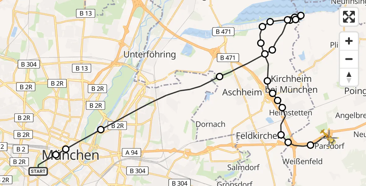 Flugroute Rettungshubschrauber Ludwigsvorstadt-Isarvorstadt - Parsdorf, 04 März 2026, 14:24