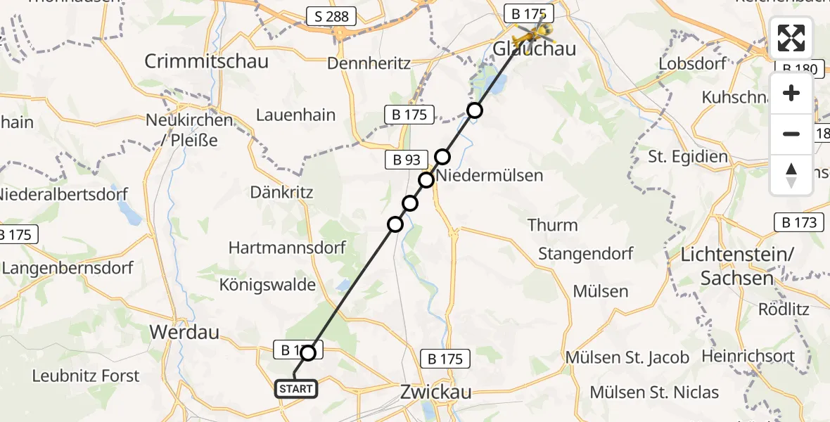 Flugroute Rettungshubschrauber ADAC Air Rescue Station Zwickau Heliport - Glauchau, 04 März 2026, 14:25