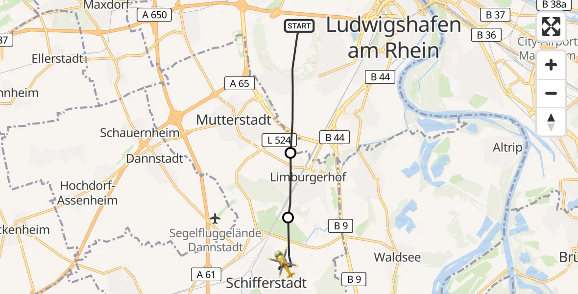 Flugroute Rettungshubschrauber Ludwigshafen am Rhein - Schifferstadt, 04 März 2026, 14:29