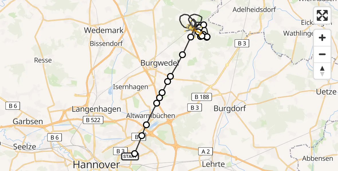 Flugroute Rettungshubschrauber Hannover Air Rescue Heliport (Christoph 4) - Burgwedel, 04 März 2026, 14:30