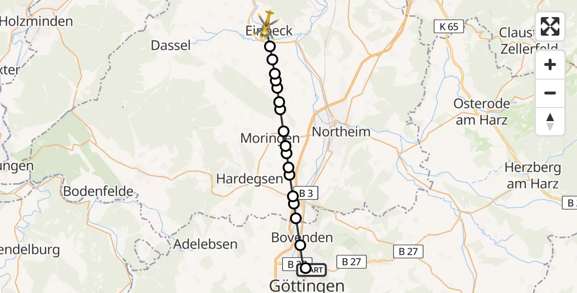 Flugroute Rettungshubschrauber Göttingen University Clinic Heliport - Einbeck, 04 März 2026, 14:30