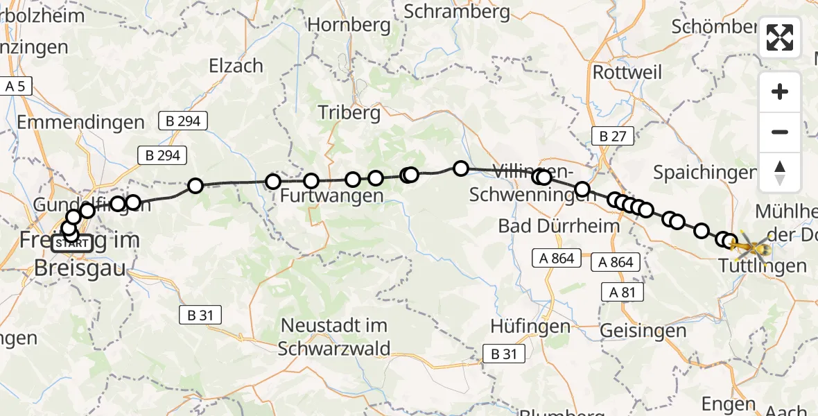Flugroute Rettungshubschrauber Freiburg University Hospital Heliport 1 - Tuttlingen, 04 März 2026, 14:38