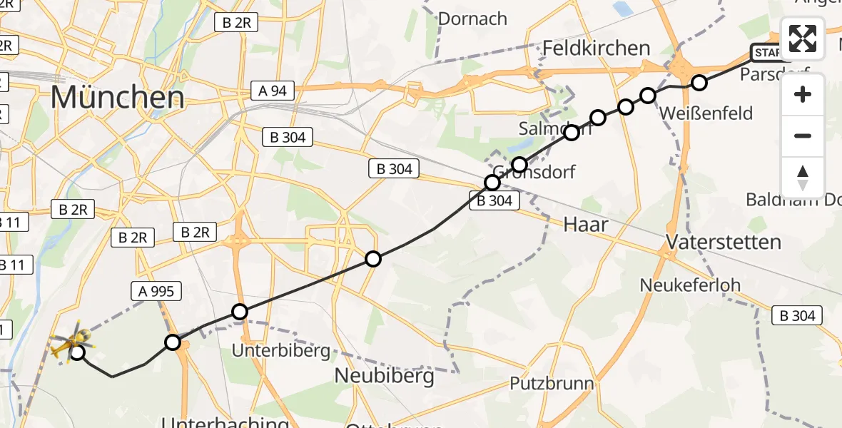 Flugroute Rettungshubschrauber Parsdorf - ADAC Air Rescue Center Heliport (Christoph 1), 04 März 2026, 14:45