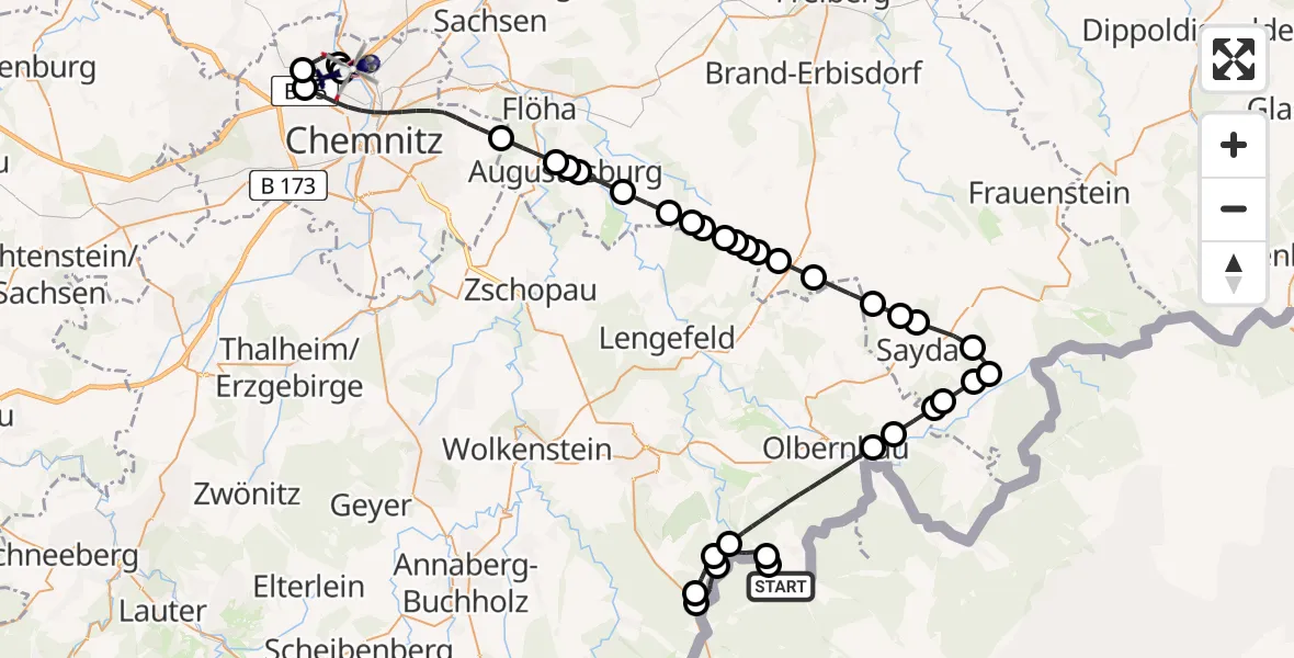 Flugroute Polizeihubschrauber Marienberg - Chemnitz-Glösa Industrial Park Heliport, 04 März 2026, 14:53
