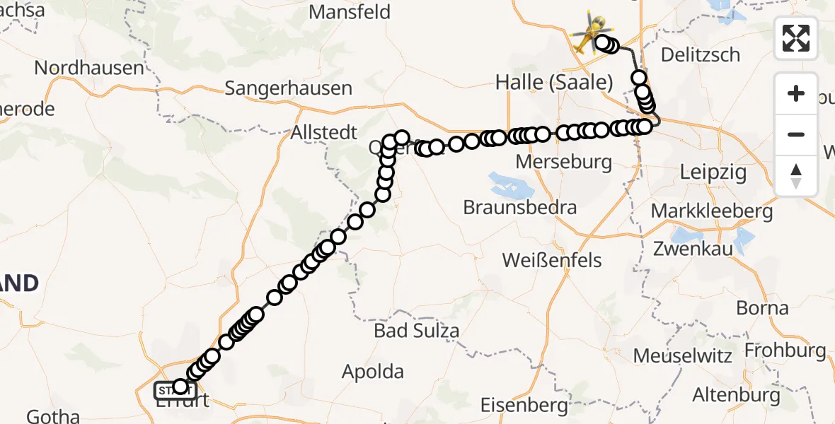 Flugroute Ambulanzhubschrauber Helios Clinic Erfurt Heliport - Landsberg, 04 März 2026, 14:59