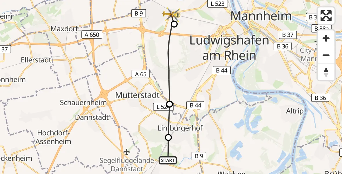 Flugroute Rettungshubschrauber Schifferstadt - Ludwigshafen Accident Hospital Heliport, 04 März 2026, 14:59