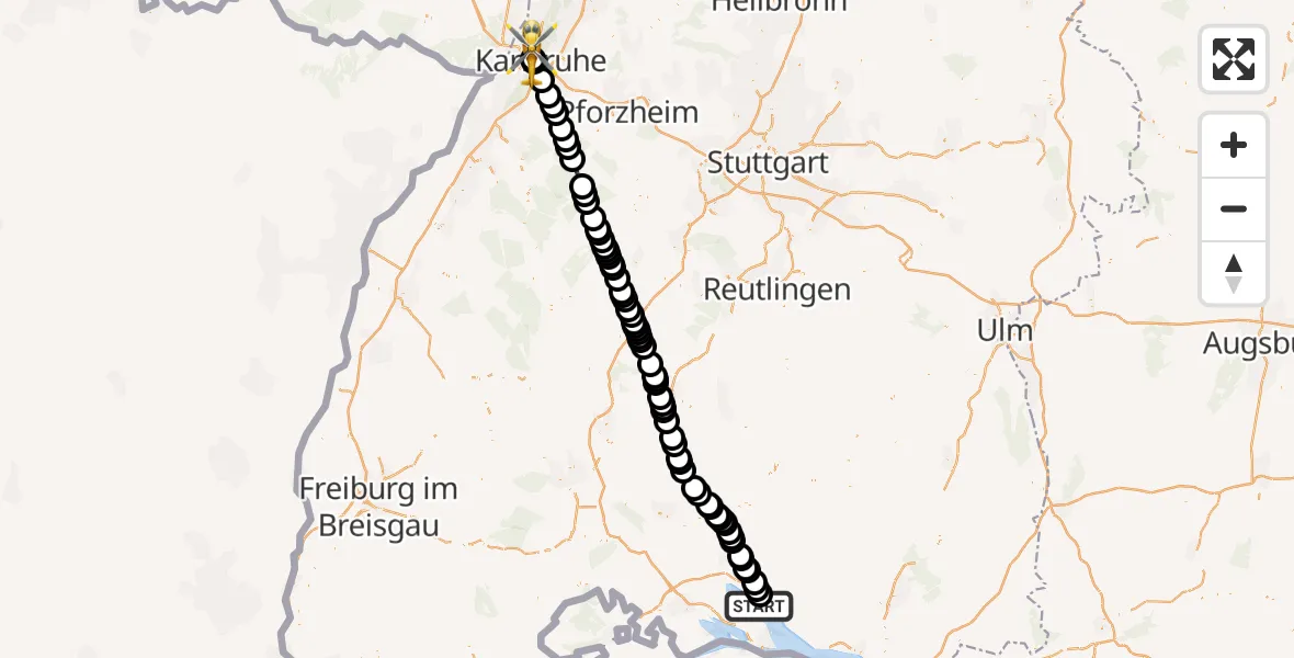 Flugroute Rettungshubschrauber Aufkirch - Karlsruhe, 04 März 2026, 15:00