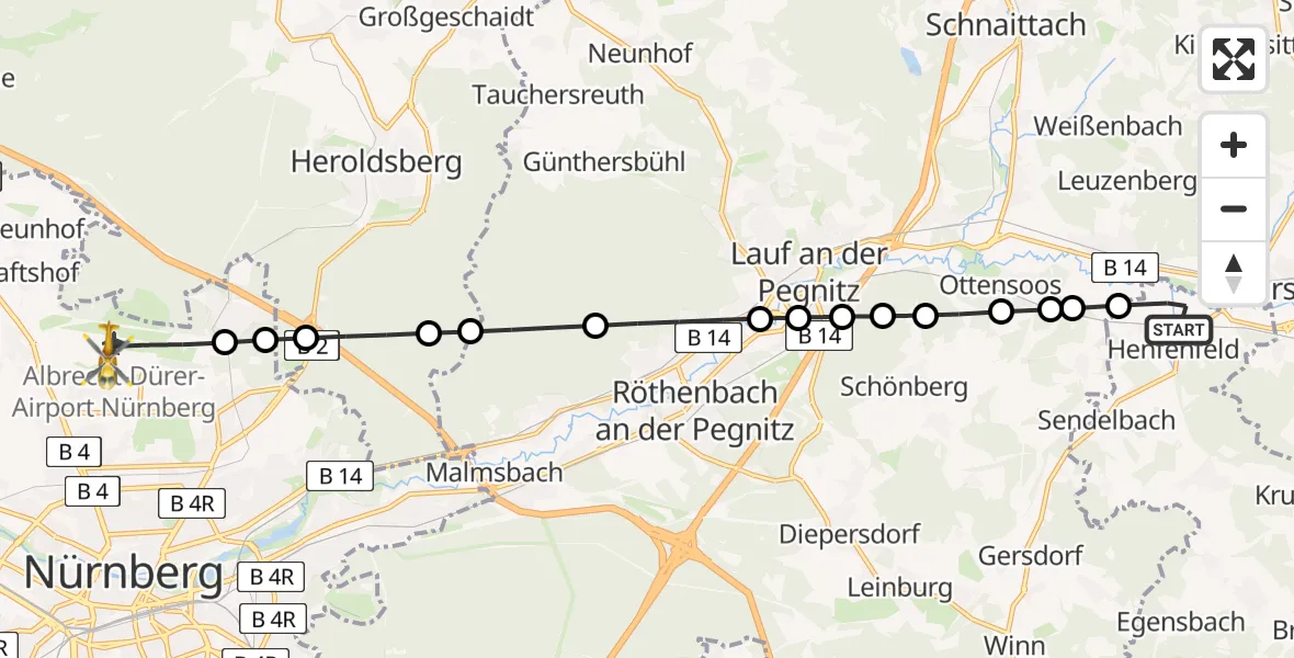 Routekaart van de vlucht: Rettungshubschrauber nach Nuremberg Airport