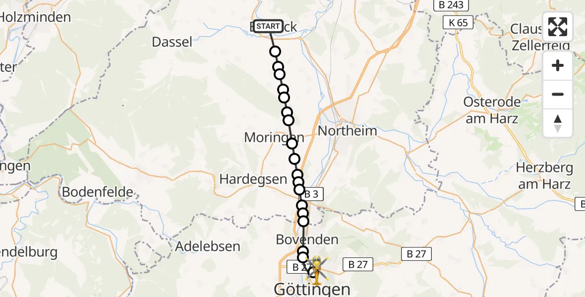 Routekaart van de vlucht: Rettungshubschrauber nach Göttingen University Clinic Heliport