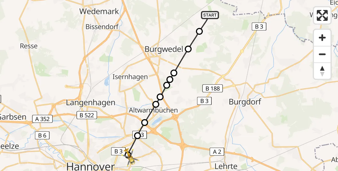 Routekaart van de vlucht: Rettungshubschrauber nach Hannover Air Rescue Heliport (Christoph 4)