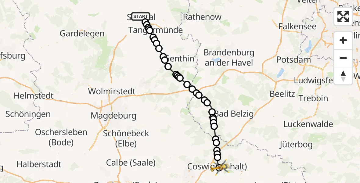 Flugroute Rettungshubschrauber Stendal - MediClin Heart Center Coswig Heliport, 04 März 2026, 15:20