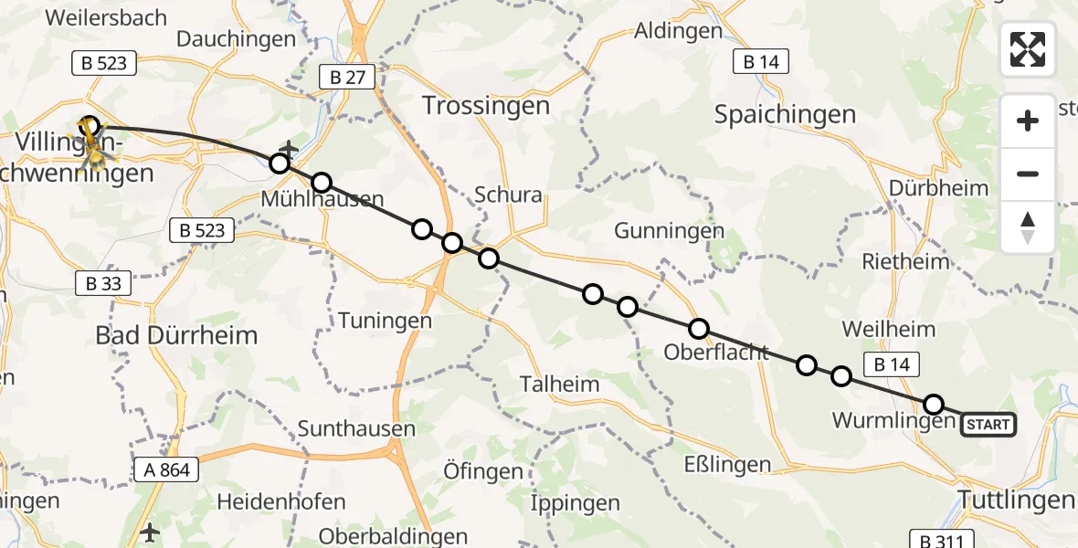 Flugroute Rettungshubschrauber Tuttlingen - DRF Air Rescue Station Villingen-Schwenningen Heliport (Christoph 11), 04 März 2026, 15:34