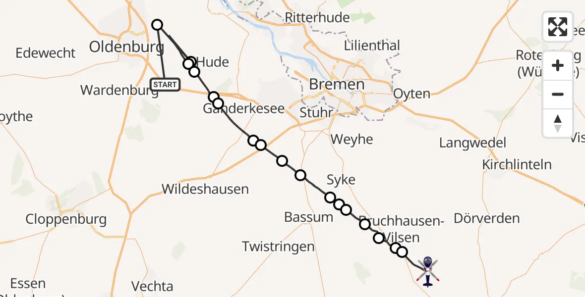 Flugroute Polizeihubschrauber Hude (Oldenburg) - Warpe, 04 März 2026, 16:02