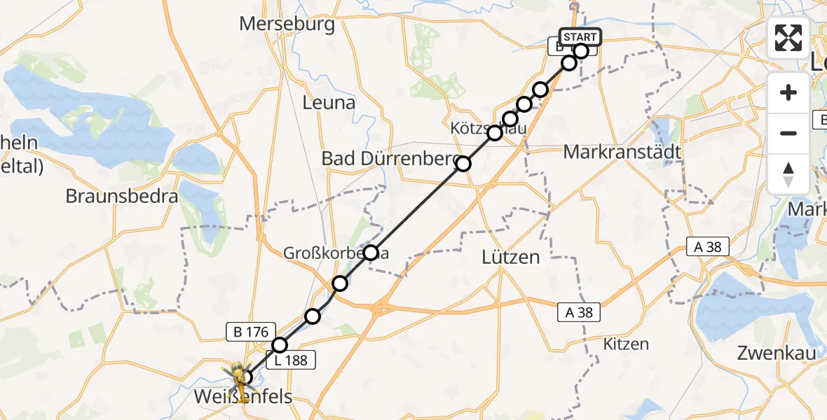 Flugroute Rettungshubschrauber ADAC Air Rescue Station Leipzig/Schkeuditz-Dölzig Heliport (Christoph 61) - Weißenfels, 04 März 2026, 16:09
