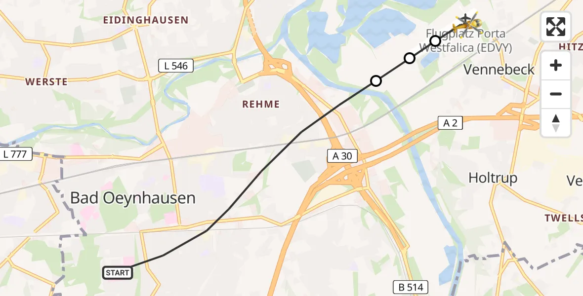 Flugroute Ambulanzhubschrauber Bad Oeynhausen - Porta Westfalica Airfield, 04 März 2026, 16:11