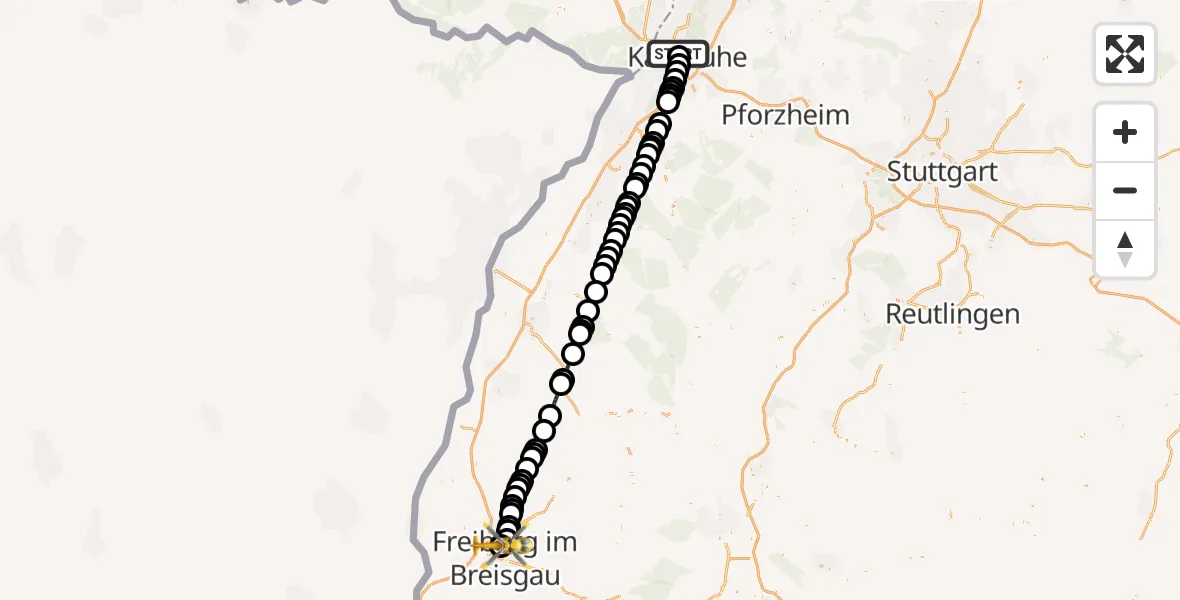 Routekaart van de vlucht: Rettungshubschrauber nach Freiburg im Breisgau Airfield