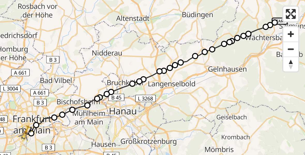 Flugroute Ambulanzhubschrauber Udenhain - Frankfurt University Hospital Heliport, 04 März 2026, 16:13