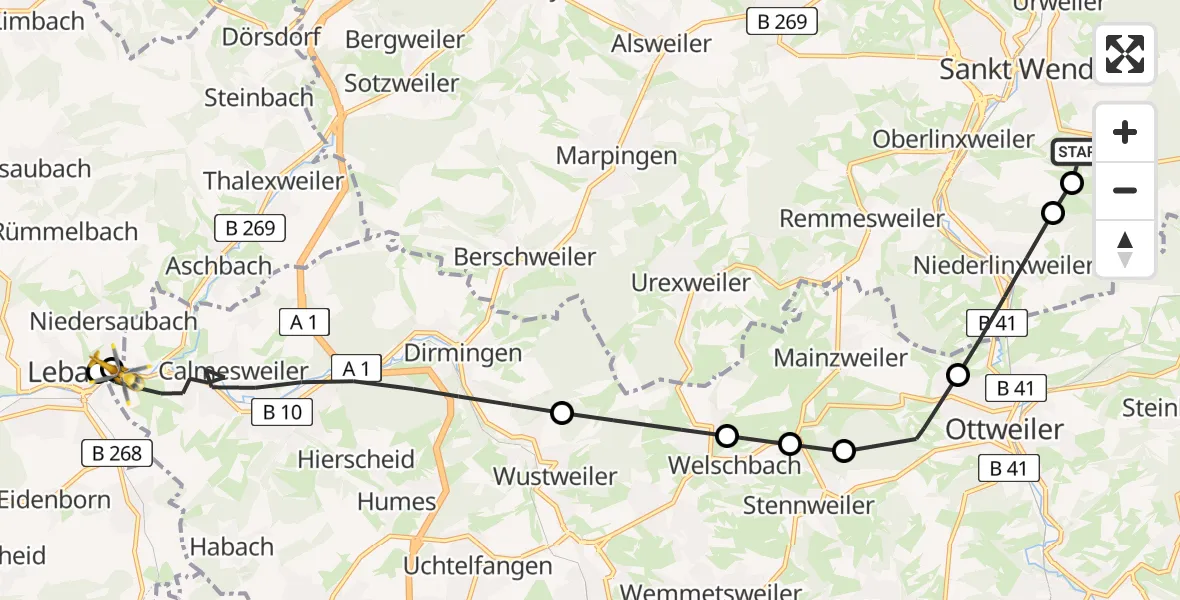 Flugroute Rettungshubschrauber Marienhaus Hospital Sankt Wendel-Ottweiler Heliport - Eppelborn, 04 März 2026, 16:53