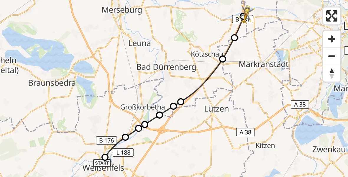 Flugroute Rettungshubschrauber Weißenfels - ADAC Air Rescue Station Leipzig/Schkeuditz-Dölzig Heliport (Christoph 61), 04 März 2026, 16:55