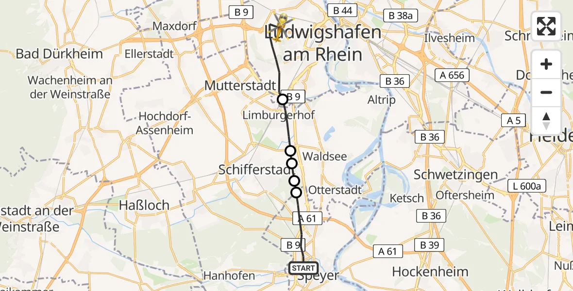 Flugroute Rettungshubschrauber Speyer - Ludwigshafen am Rhein, 04 März 2026, 17:08