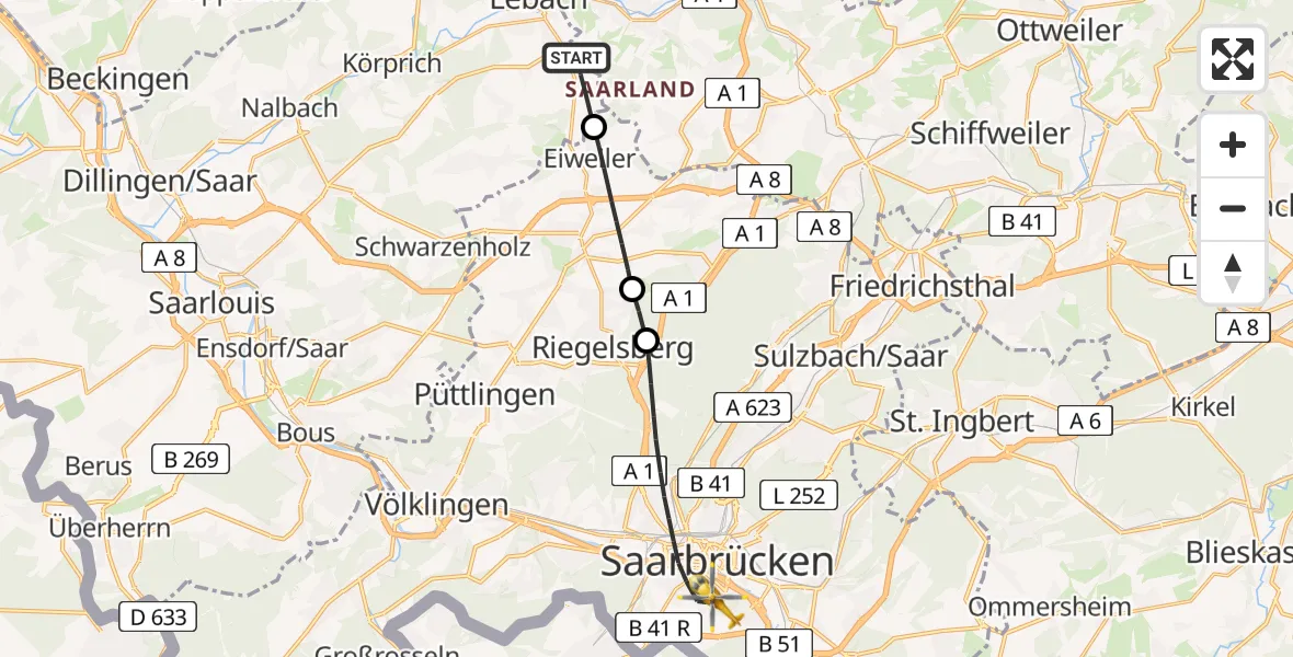 Flugroute Rettungshubschrauber Lebach - Saarbrücken, 04 März 2026, 17:20