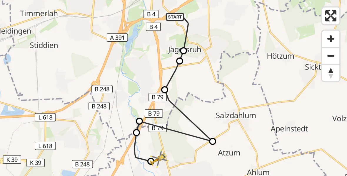 Flugroute Rettungshubschrauber Südstadt-Rautheim-Mascherode - Wolfenbüttel Municipal Hospital Heliport (Christoph 30), 04 März 2026, 18:25