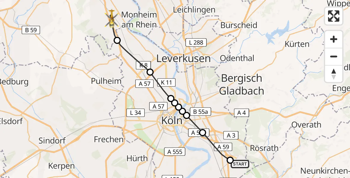 Flugroute Ambulanzhubschrauber Cologne Bonn Airport - Dormagen, 04 März 2026, 19:09
