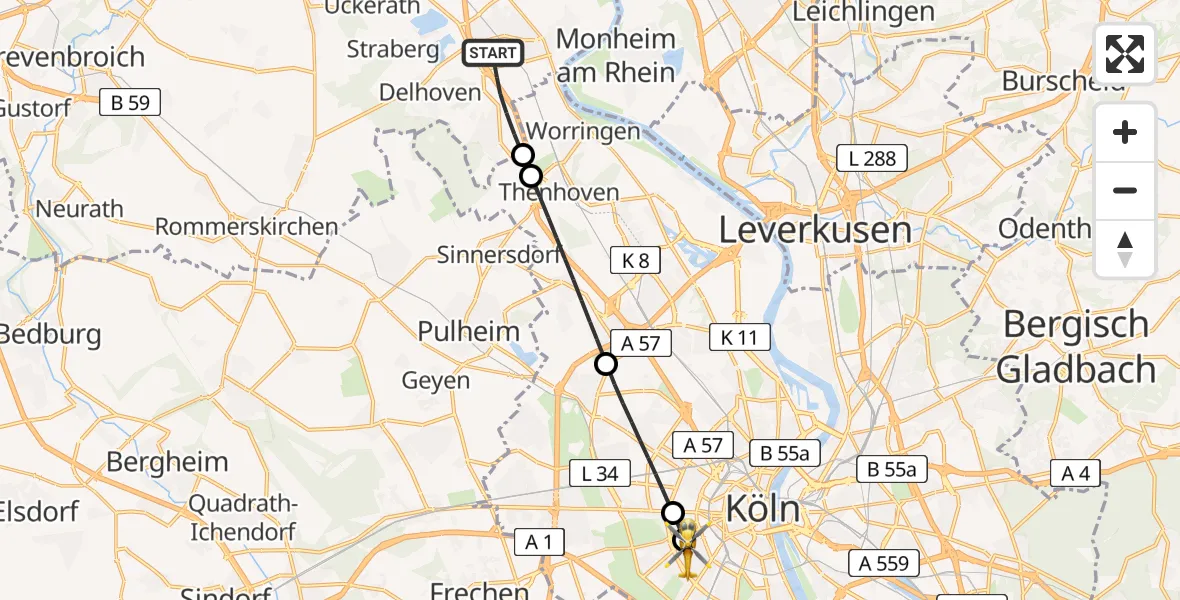Flugroute Ambulanzhubschrauber Dormagen - Köln University Hospital Heliport, 04 März 2026, 19:44