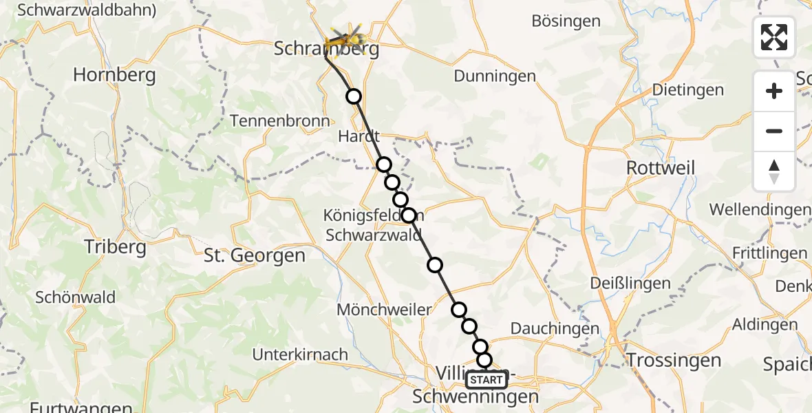Flugroute Rettungshubschrauber DRF Air Rescue Station Villingen-Schwenningen Heliport (Christoph 11) - Schramberg, 04 März 2026, 19:54