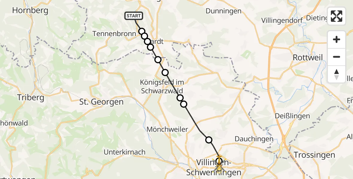 Flugroute Rettungshubschrauber Schramberg - DRF Air Rescue Station Villingen-Schwenningen Heliport (Christoph 11), 04 März 2026, 20:49