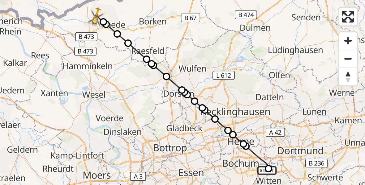 Flugroute Ambulanzhubschrauber Bochum University Miners' Hospital Heliport - Bocholt, 04 März 2026, 21:19