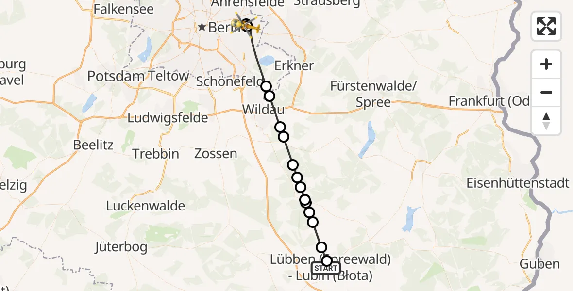 Flugroute Ambulanzhubschrauber Lübben (Spreewald) - Berlin Emergency Hospital Heliport, 04 März 2026, 22:44