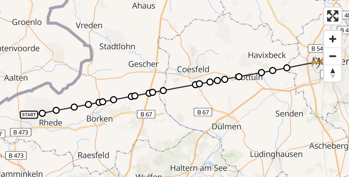 Flugroute Ambulanzhubschrauber Bocholt - Münster-West, 04 März 2026, 22:51