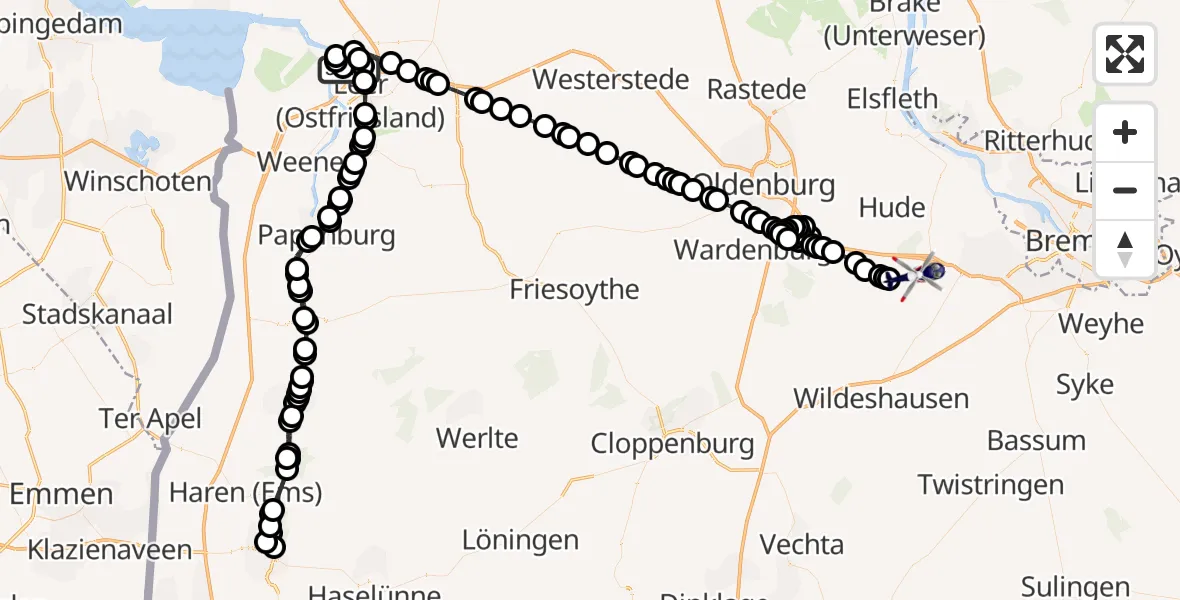 Flugroute Polizeihubschrauber Flugplatz Leer-Papenburg - Ganderkesee, 04 März 2026, 23:33