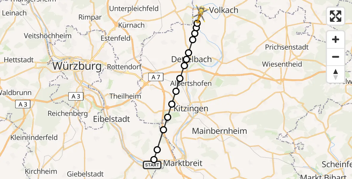Flugroute Rettungshubschrauber Ochsenfurt - Nordheim am Main, 05 März 2026, 06:29
