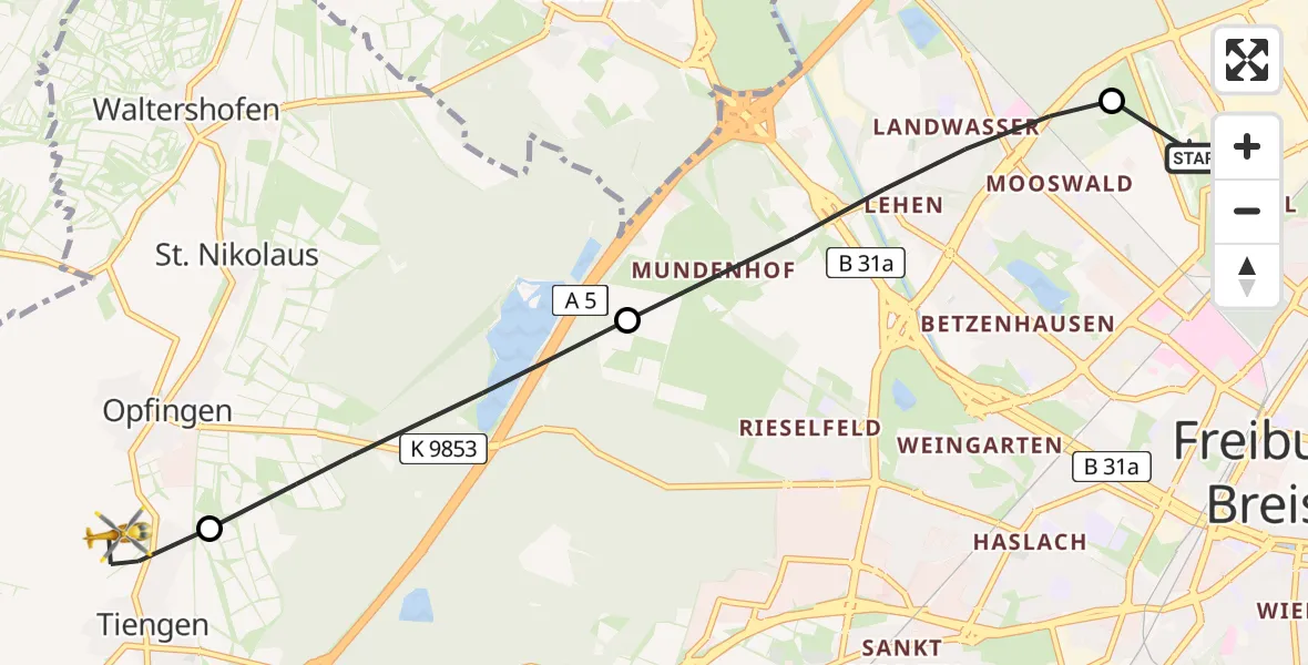 Flugroute Rettungshubschrauber Freiburg im Breisgau Airfield - Tiengen, 05 März 2026, 07:08