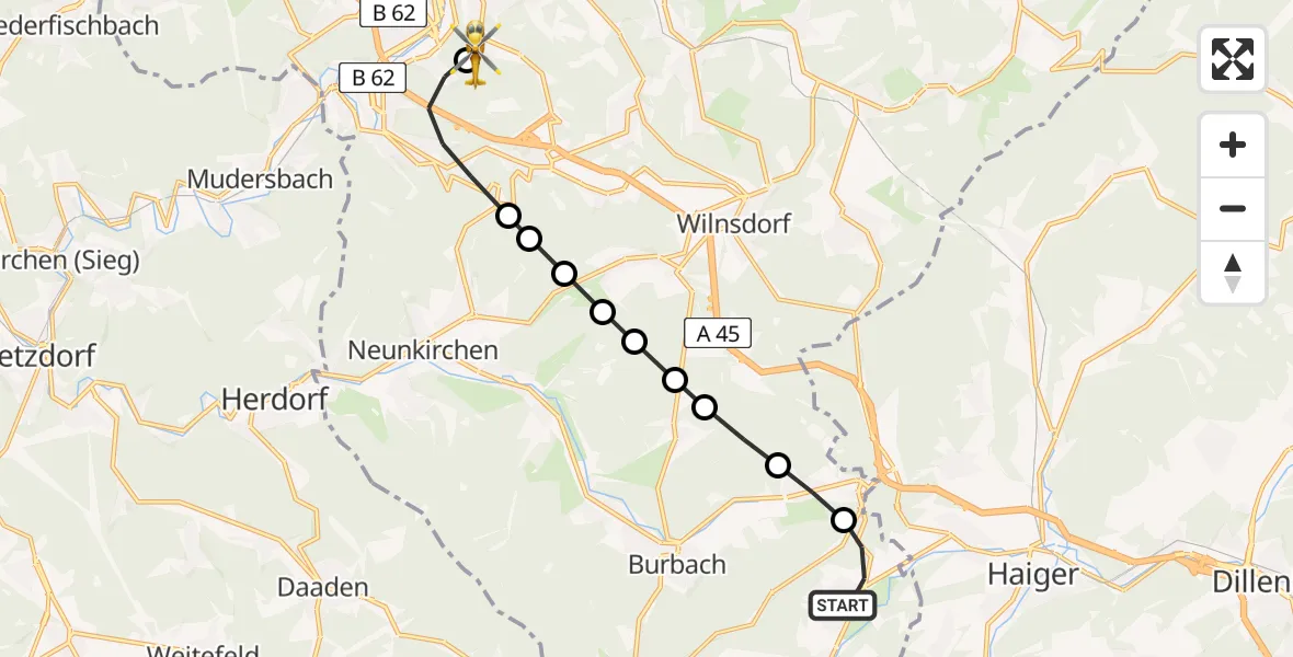Flugroute Rettungshubschrauber Holzhausen - Evangelisches Jung-Stilling Hospital Helipad, 05 März 2026, 07:15