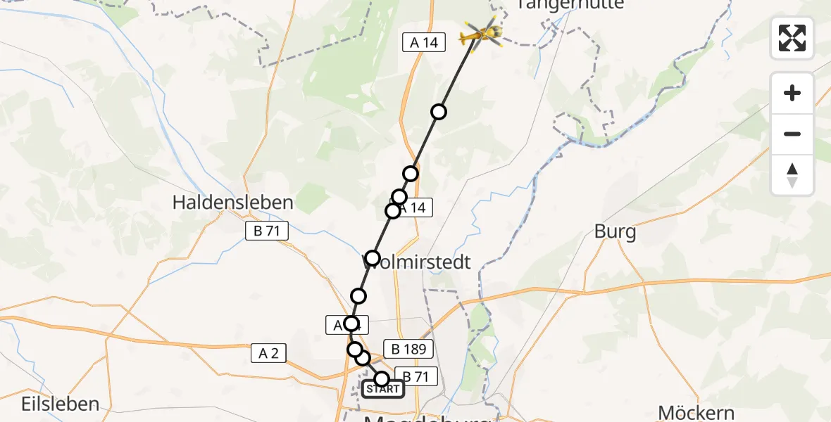 Flugroute Rettungshubschrauber Magdeburg Hospital Heliport - Burgstall, 05 März 2026, 07:36